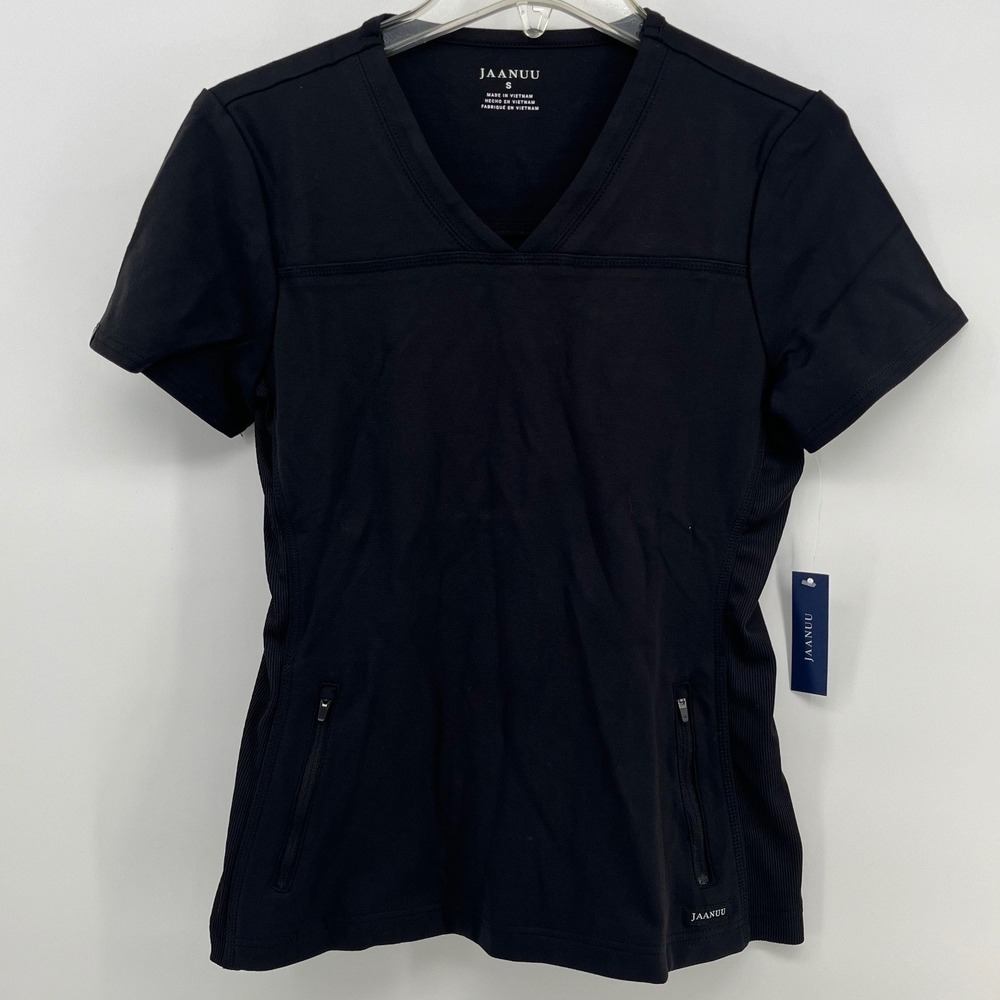 Jaanuu 2 Pocket Side-Rib Black Scrub Top Short Sleeve‎ Size S NEW